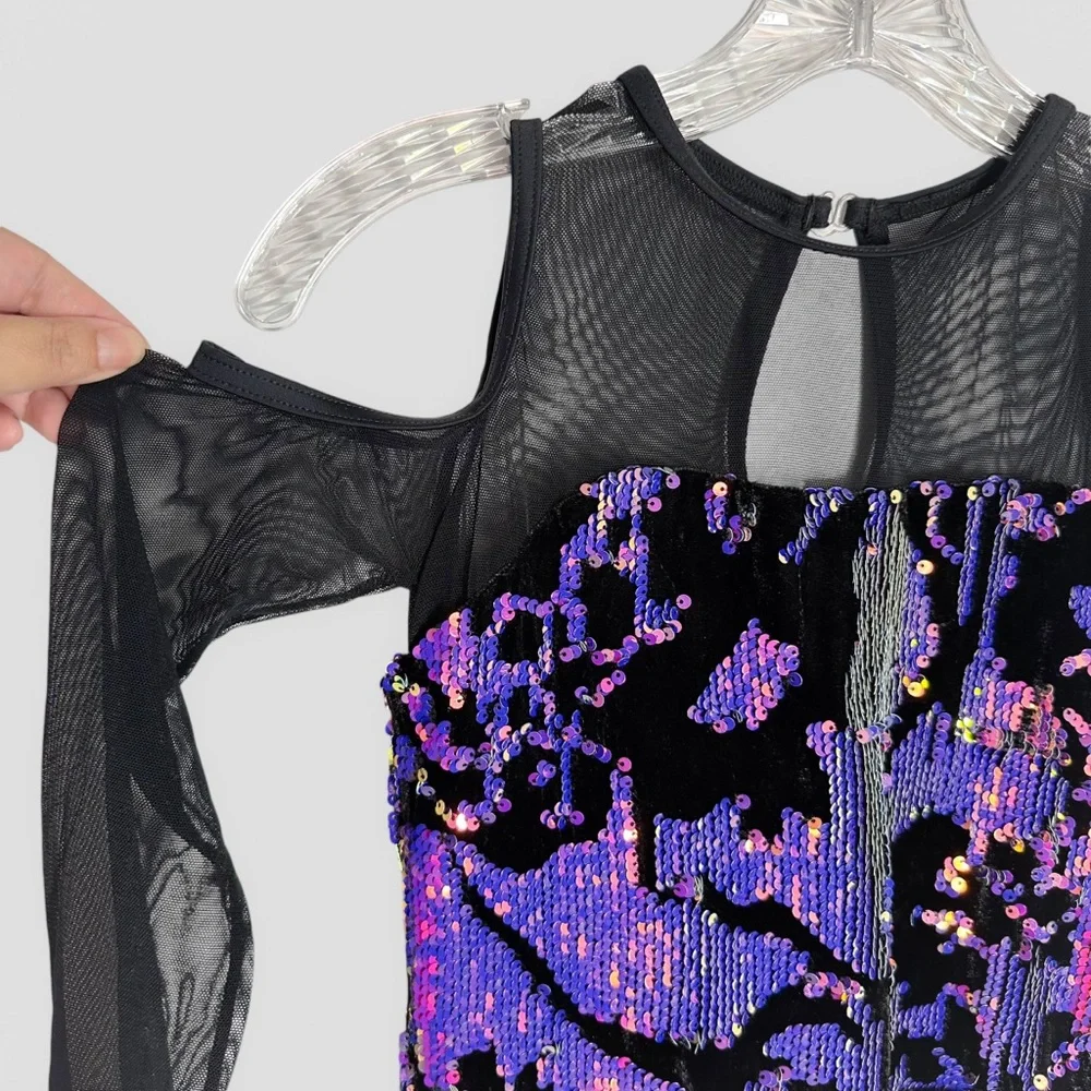 Weissman Dance Costume Leotard Black Long Sleeve Sequins Size Large Child Jazz